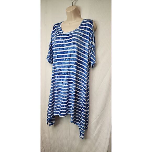 La Vanya Women's Striped V-neck Short Sleeve Hanky Hem Tunic Blouse Size 1X - Picture 5 of 8